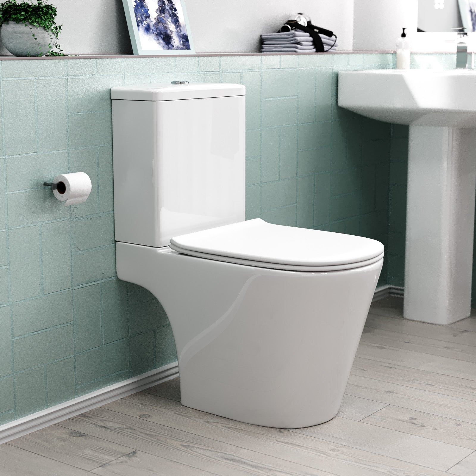 Bathroom Short Projection Rimless Close Coupled Toilet Pan & Seat