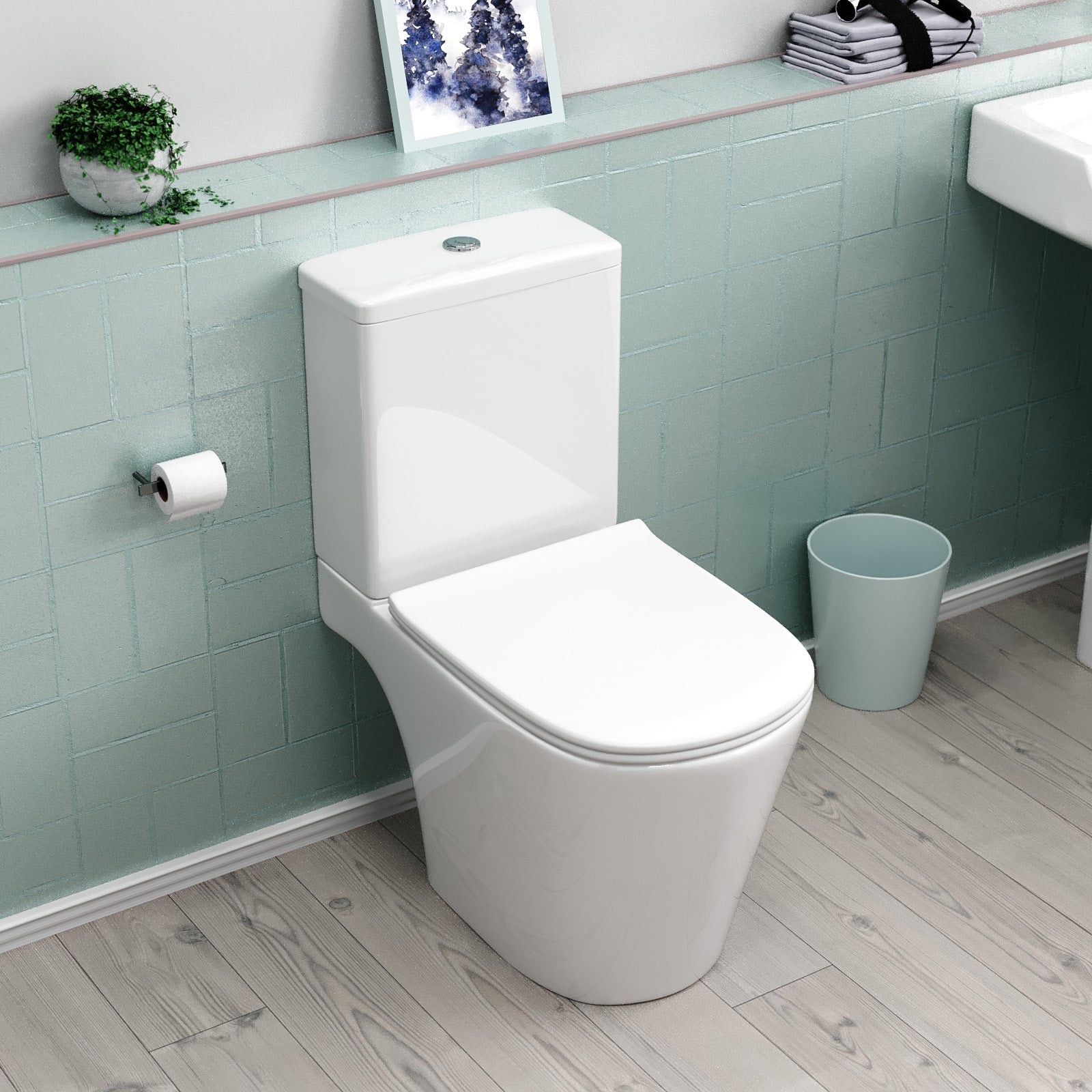 Bathroom Short Projection Rimless Close Coupled Toilet Pan & Seat