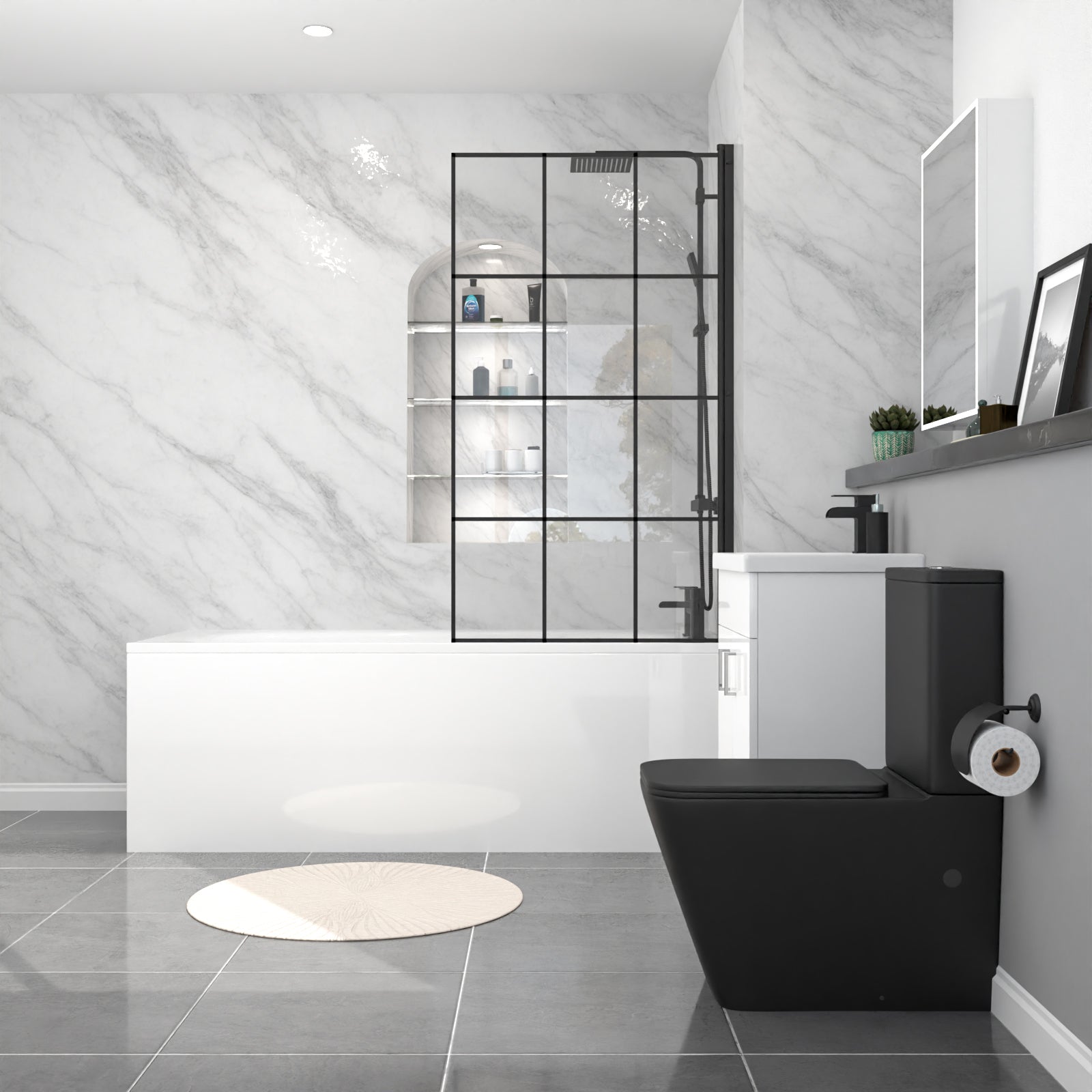 Nanuya Black Square Toilet Vanity Bathroom Suite, Bath & Grid Bath Screen