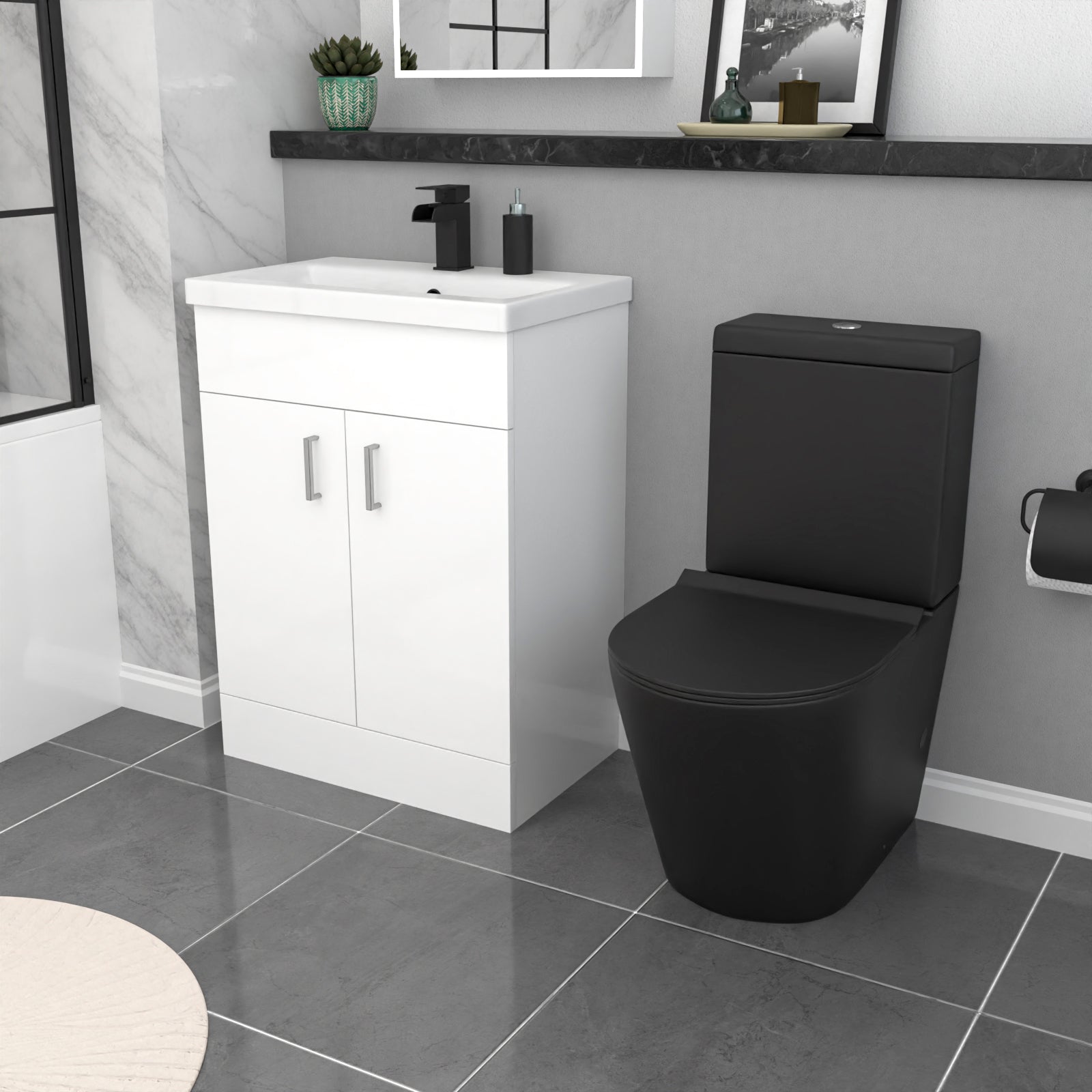 Nanuya Black Toilet Vanity Bathroom Suite with Bath & Black Grid Bath Screen