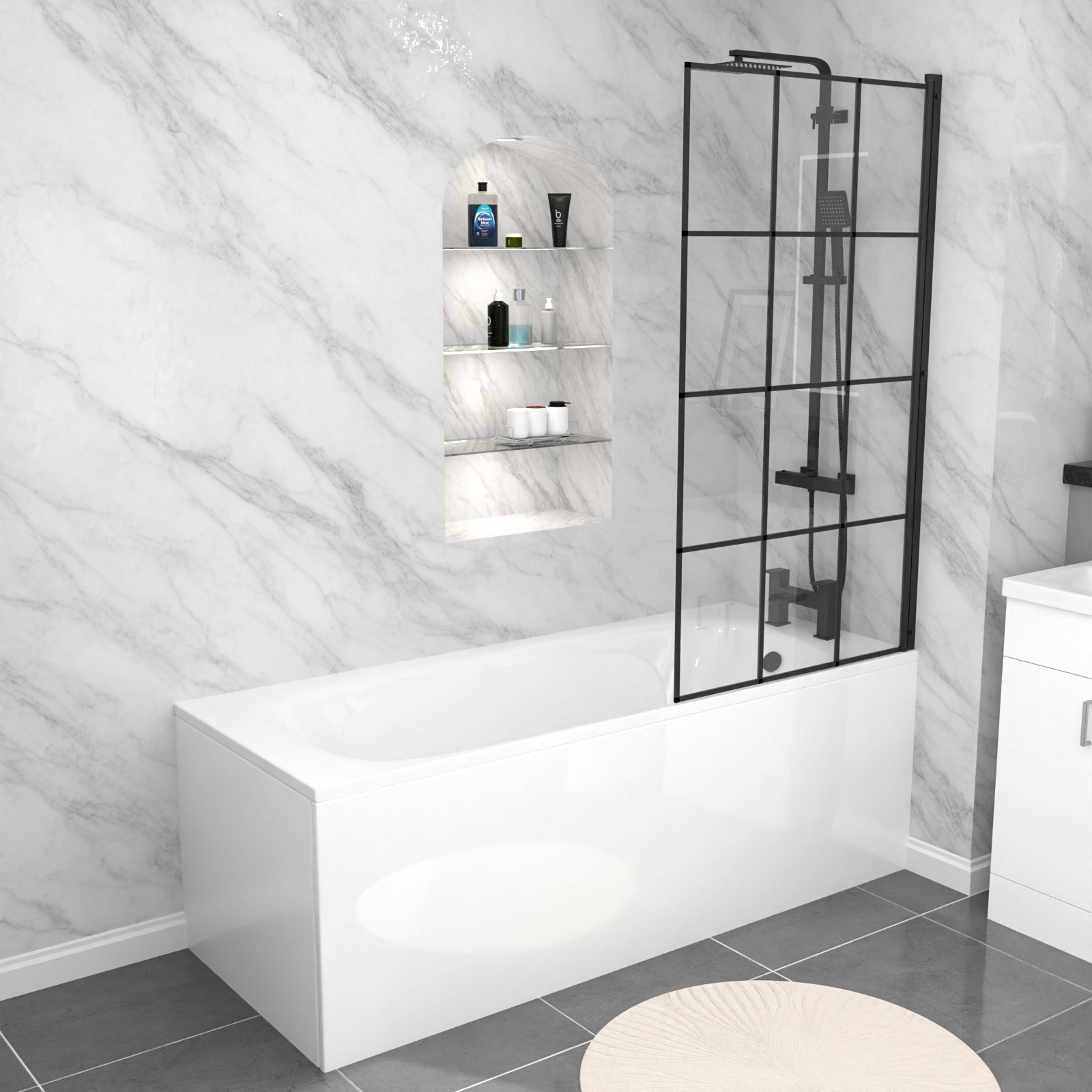 Nanuya Black Toilet Vanity Bathroom Suite with Bath & Black Grid Bath Screen