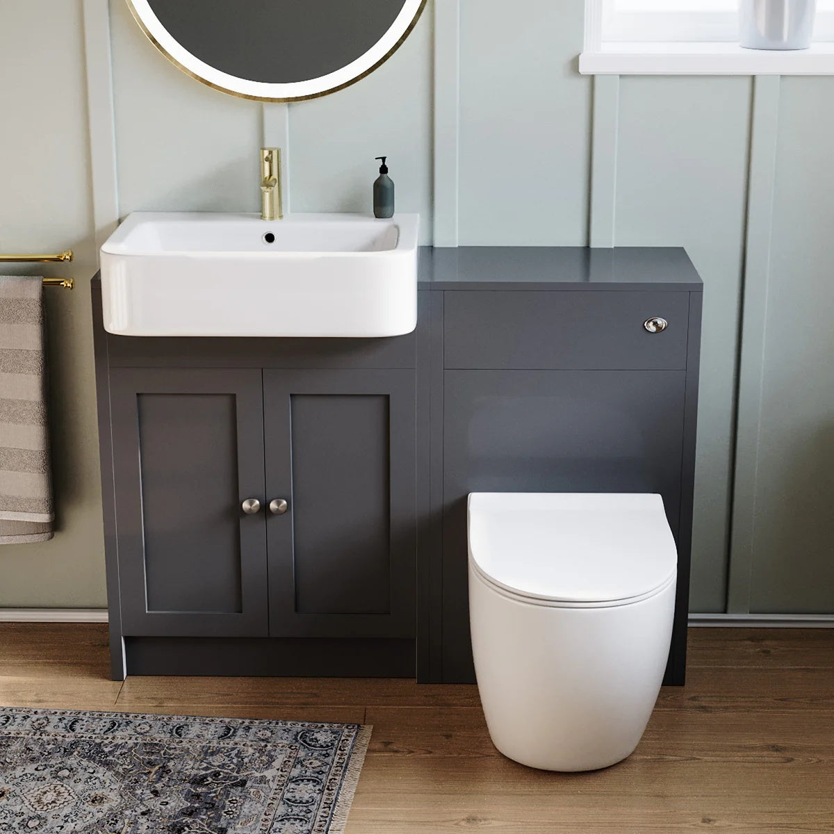Anthracite 1100mm Traditional Vanity Basin WC Unit & BTW Curve Toilet