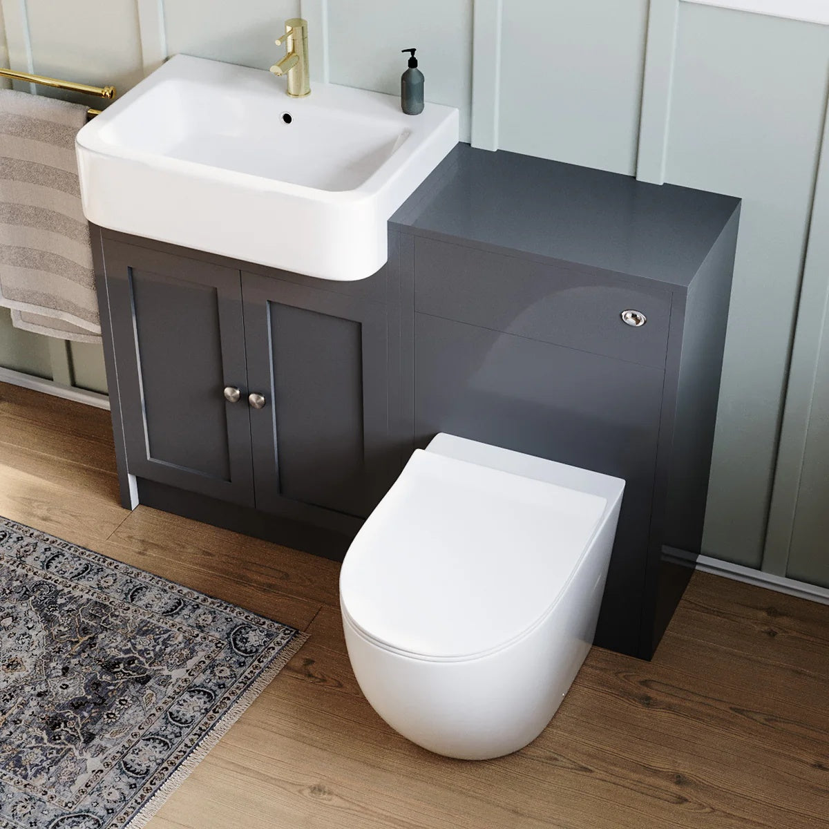 Anthracite 1100mm Traditional Vanity Basin WC Unit & BTW Curve Toilet