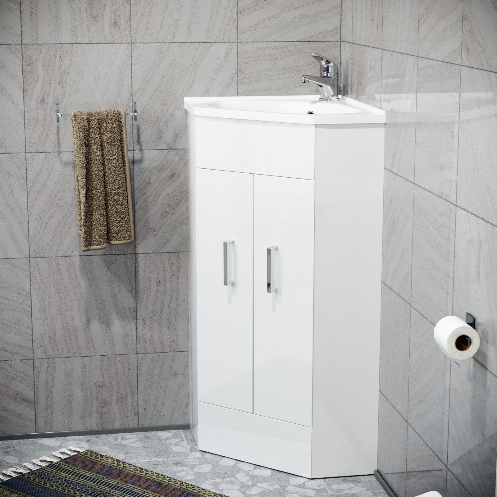 Nanuya Modern White Corner Vanity Unit with Ceramic Basin and Mixer Tap + Waste