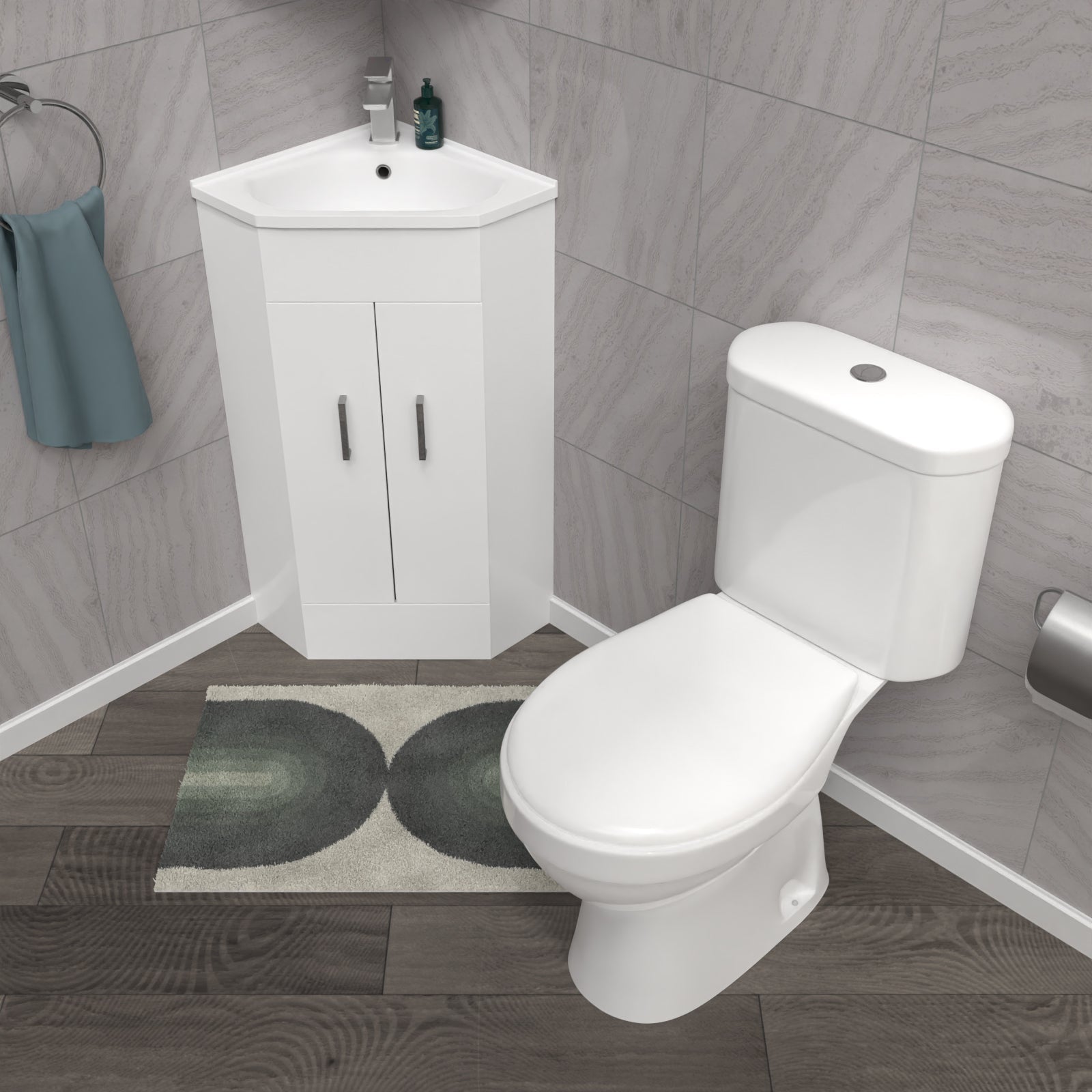 Nanuya White Corner Vanity Unit with Ceramic Basin & Toilet Set