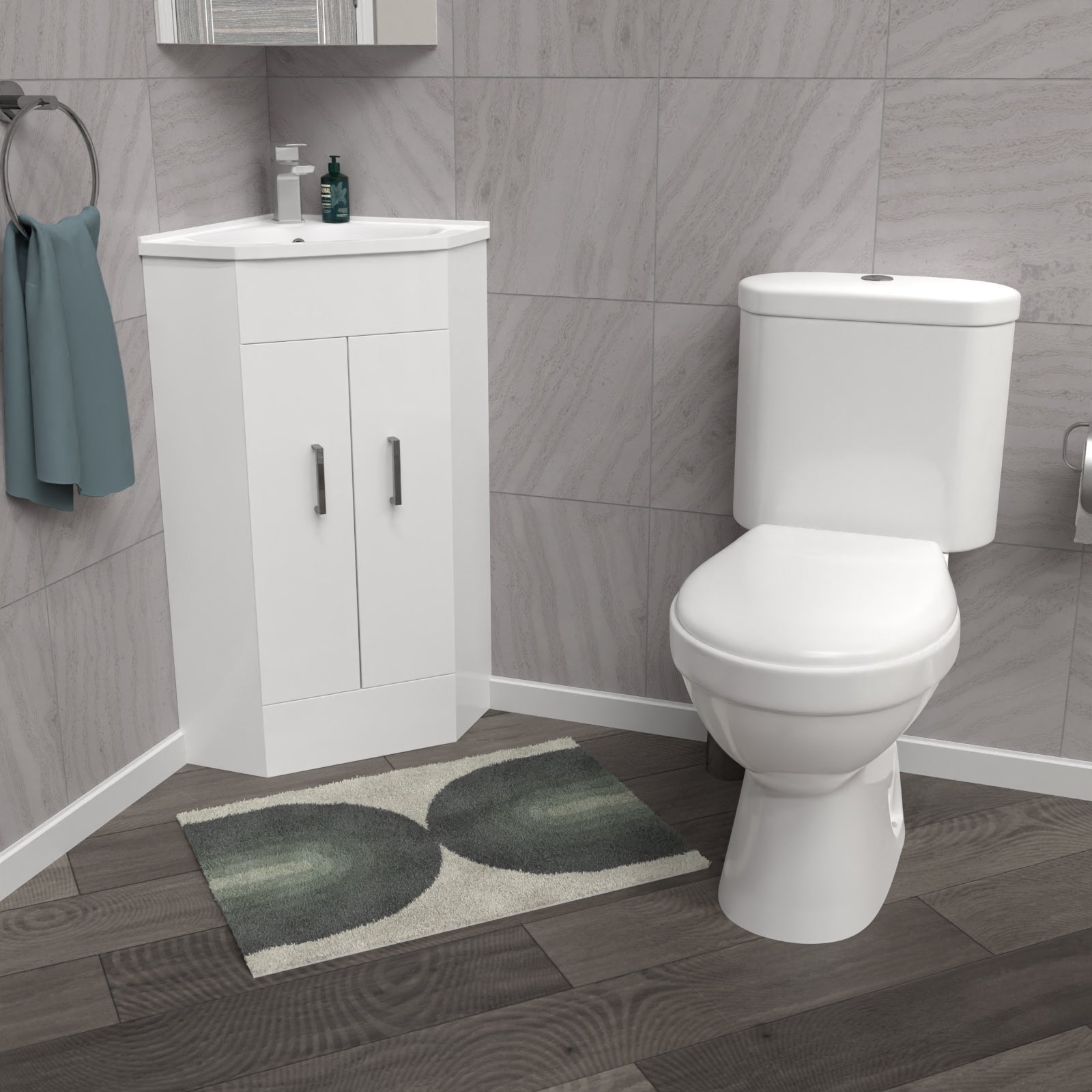 Nanuya White Corner Vanity Unit with Ceramic Basin & Toilet Set
