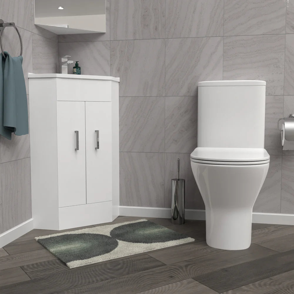 Nanuya White Corner Vanity Unit with Ceramic Basin & Round Rimless Toilet Set