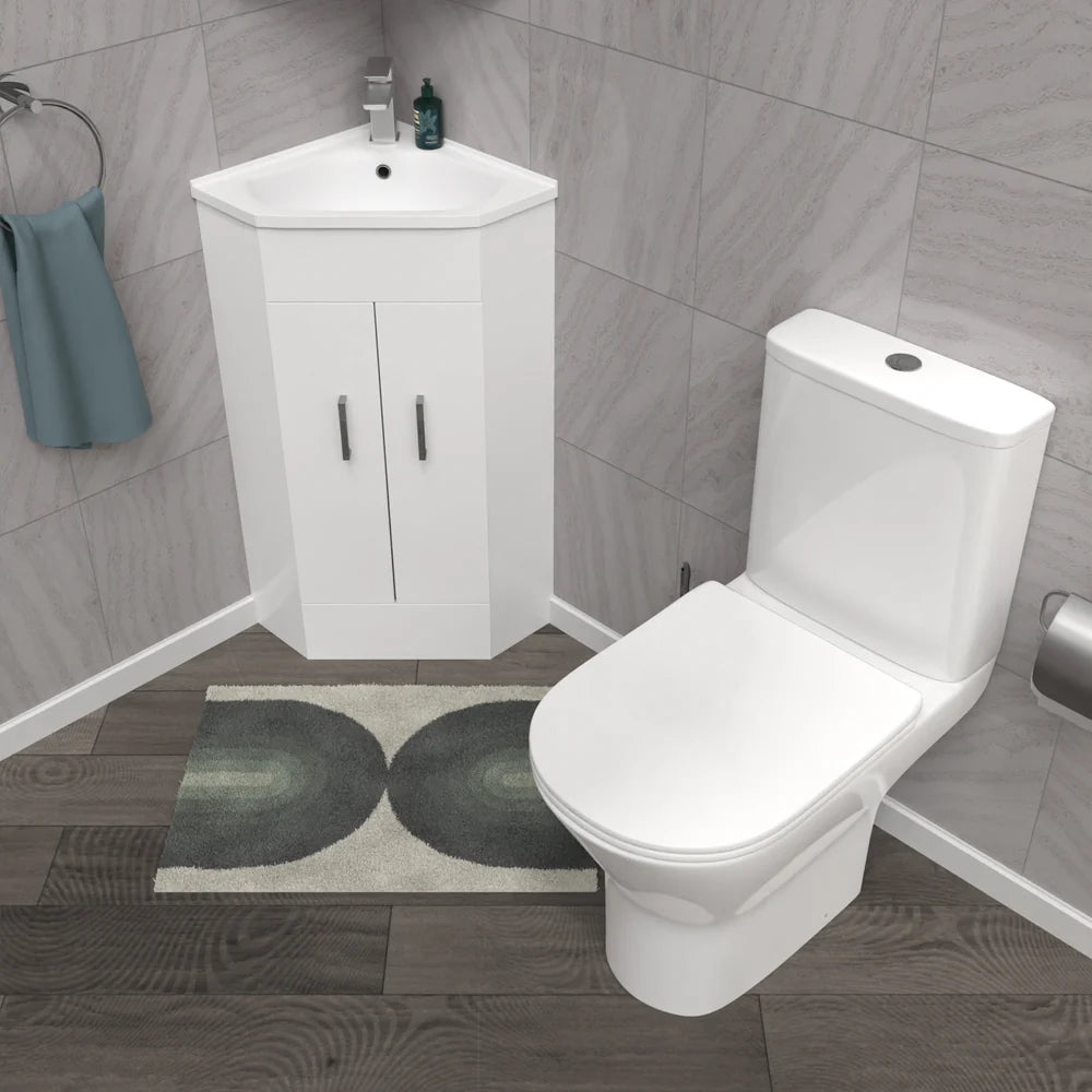 Nanuya White Corner Vanity Unit with Ceramic Basin & Round Rimless Toilet Set