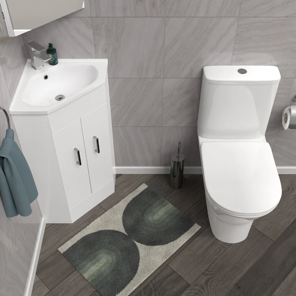Nanuya White Corner Vanity Unit with Ceramic Basin & Round Rimless Toilet Set