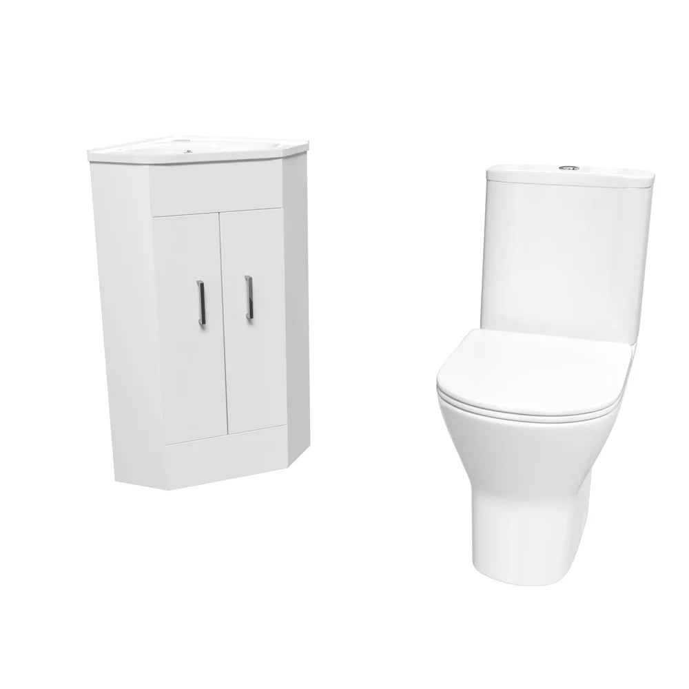 Nanuya White Corner Vanity Unit with Ceramic Basin & Round Rimless Toilet Set