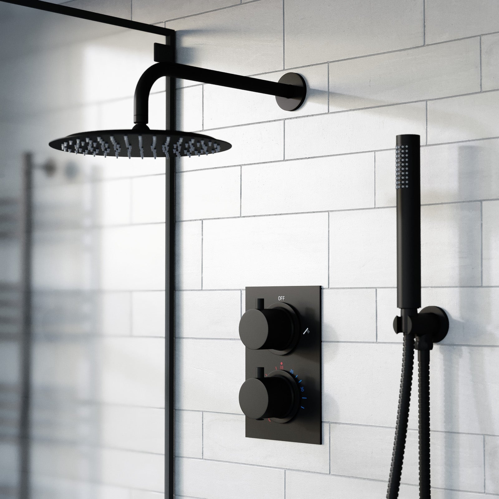 Folke 2 Dial 2 Way Round Concealed Thermostatic Shower Mixer Valve, Shower Head, and Handset Matte Black
