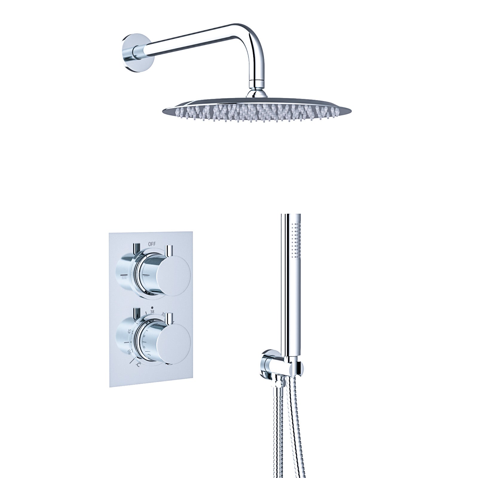 Folke 2 Dial 2 Way Round Concealed Thermostatic Shower Mixer Valve, Shower Head, and Handset Chrome