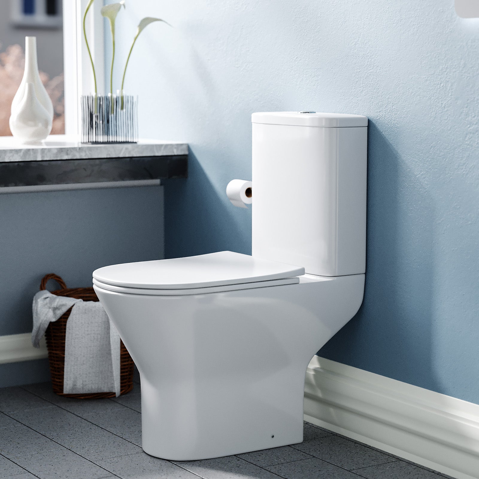 Theo Contemporary Round Rimless Close Coupled Toilet With Soft Close Seat