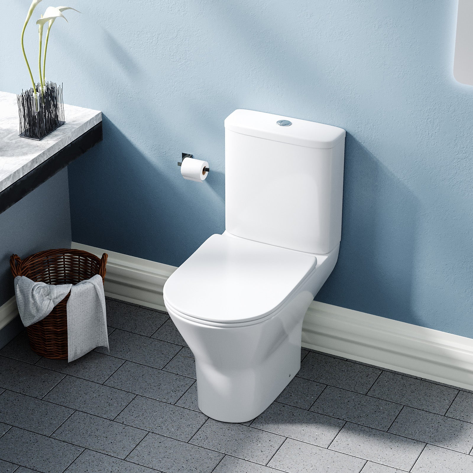 Theo Contemporary Round Rimless Close Coupled Toilet With Soft Close Seat