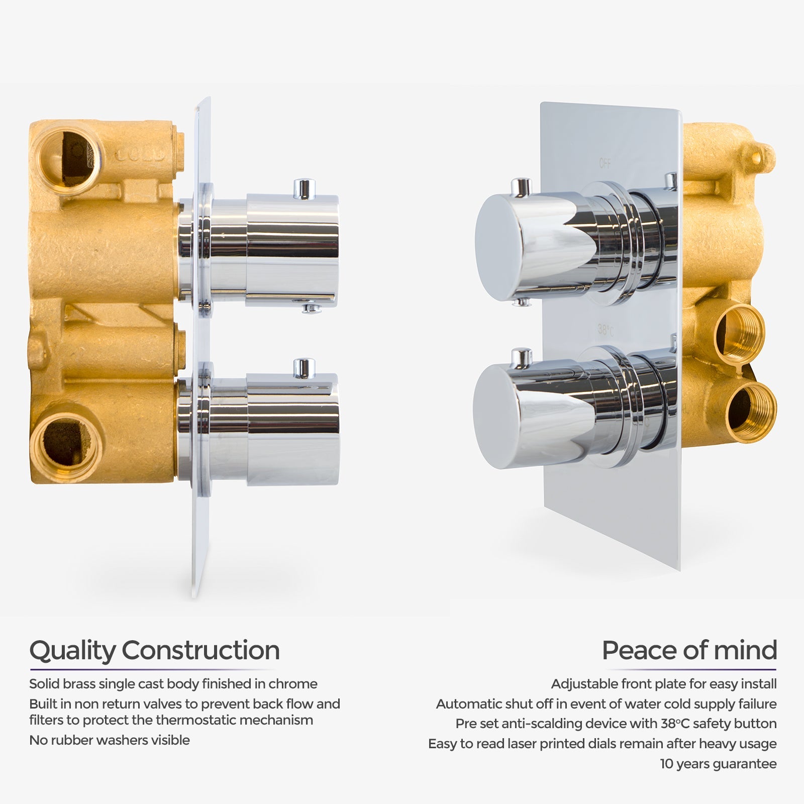 Square 2 Dial 1 Way Concealed Thermostatic Shower Mixer Valve Head Set