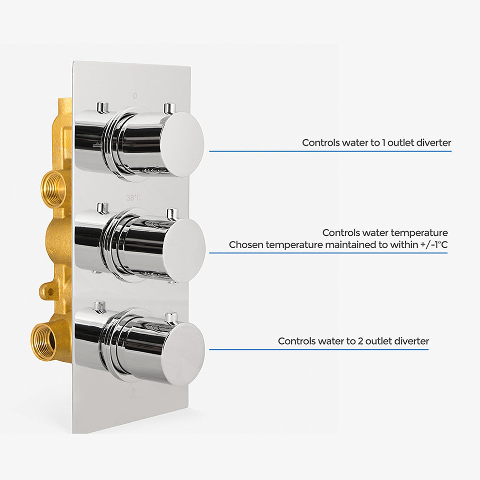 Bathroom 3 Dial 3 Way Concealed Round Thermostatic Shower Mixer Valve Chrome