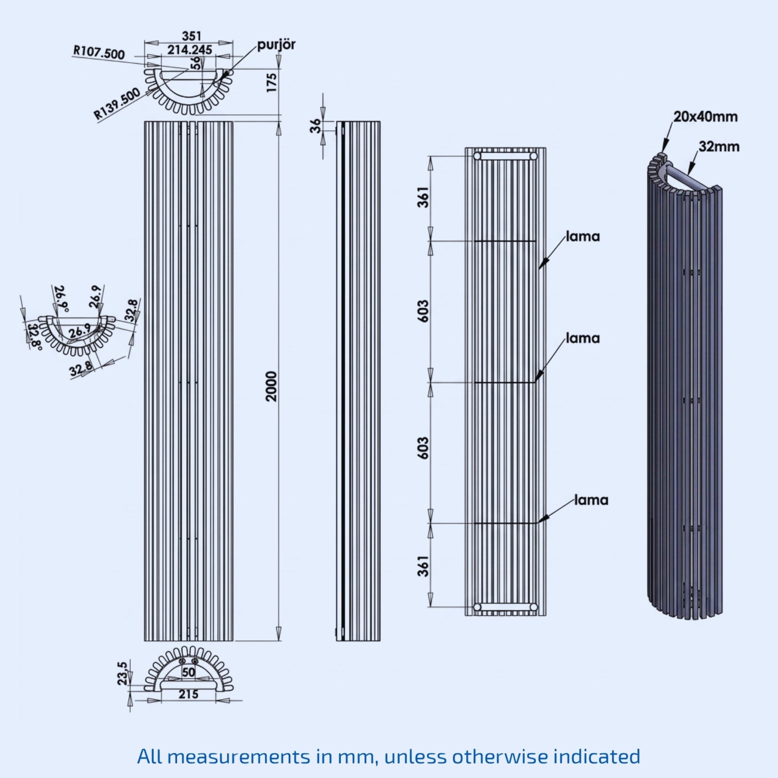 Kartell Cincinnati 2000mm H x 351mm W Anthracite  Vertical Designer Radiator - CVG