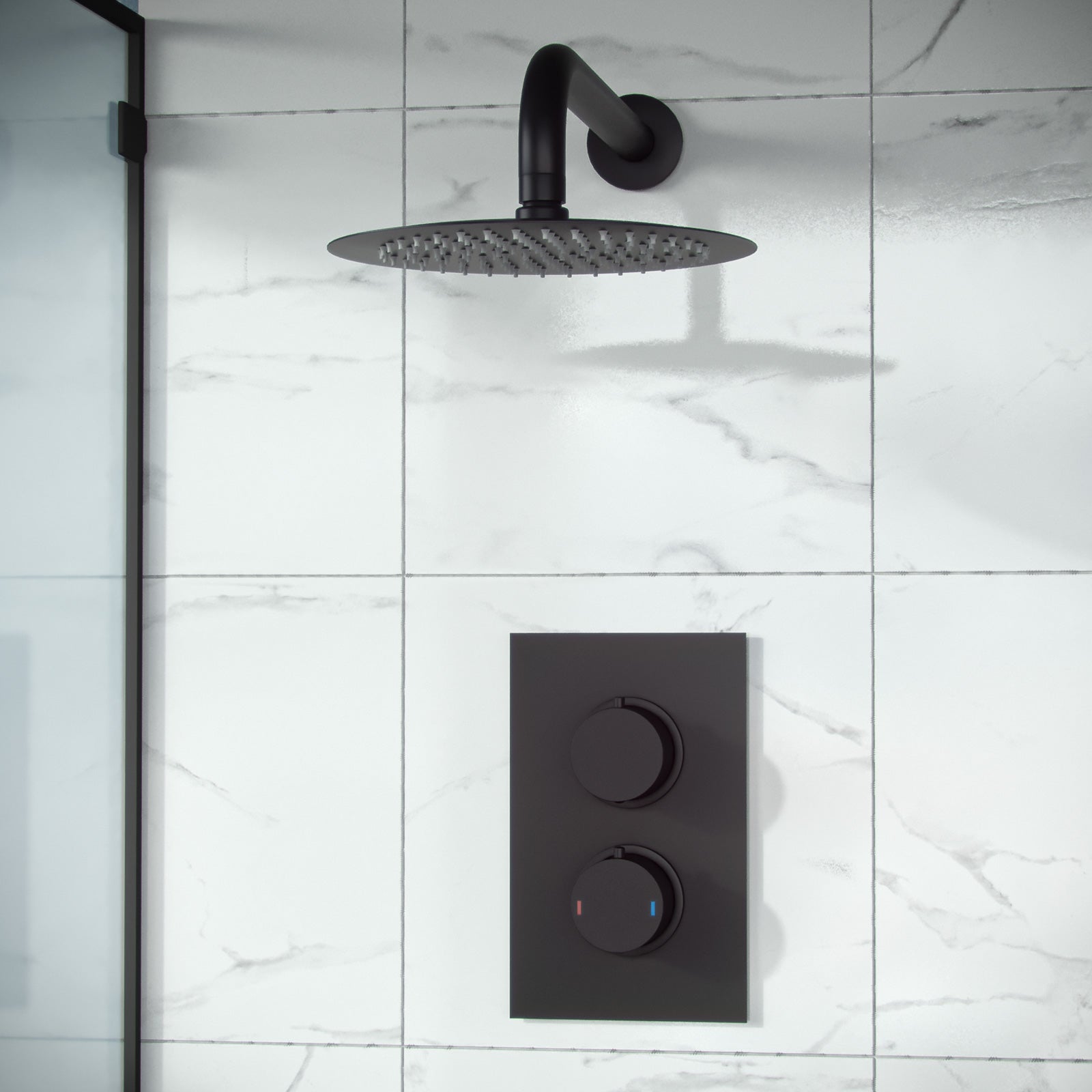 Porto Concealed Thermostatic Overhead 250mm Rainfall Shower Mixer Set Matte Black