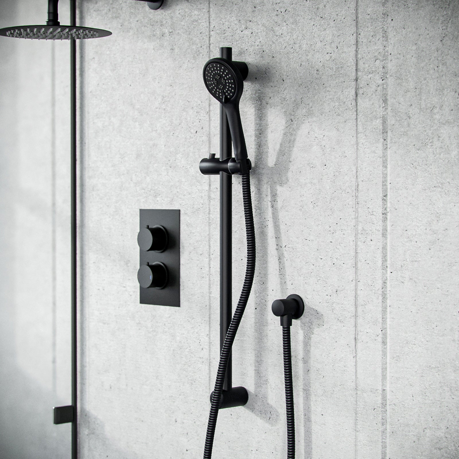 Temel Matt Black Rainfall Shower Head and Thermostatic Mixer Valve with Hand Held Set