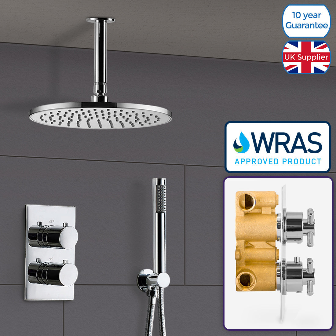 Violet Thermostatic 2 Dial 2 Way Round Set - Ceiling Head & Handset
