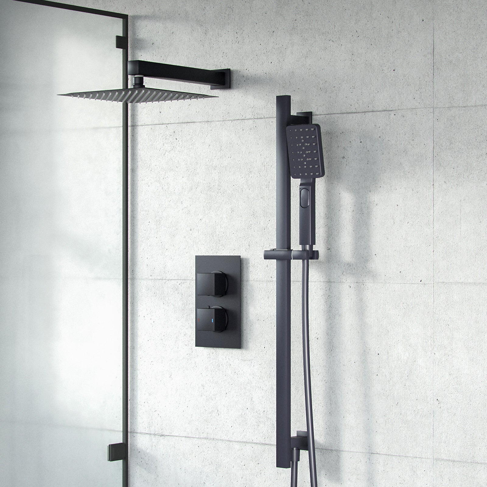Twin Head Matte Black Rainfall Shower Concealed Mixer Valve Inc Hand Held Set