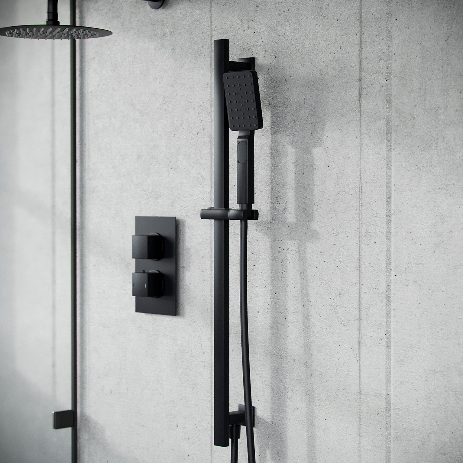 Twin Head Matte Black Rainfall Shower Concealed Mixer Valve Inc Hand Held Set