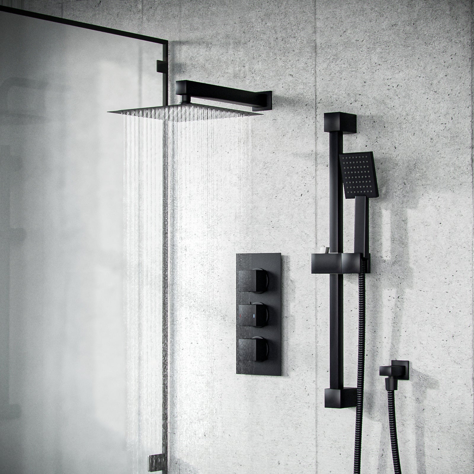 Temel Matt Black Rainfall Shower with Thermostatic Control and Hand Held Set
