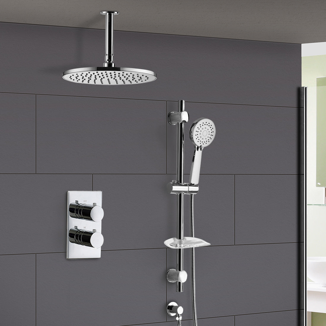 Violet Thermostatic 2 Dial 2 Way Round Set - Shower Head & Slider Rail Handset