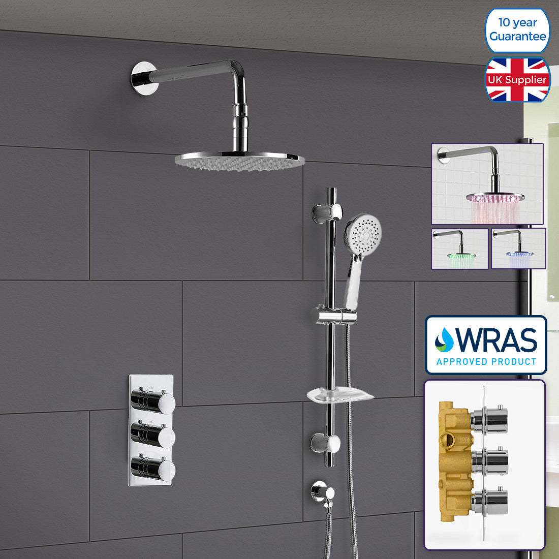Calla Round Concealed Thermostatic Shower Valve Mixer Set -  LED Shower Shower Head & Rail Handset