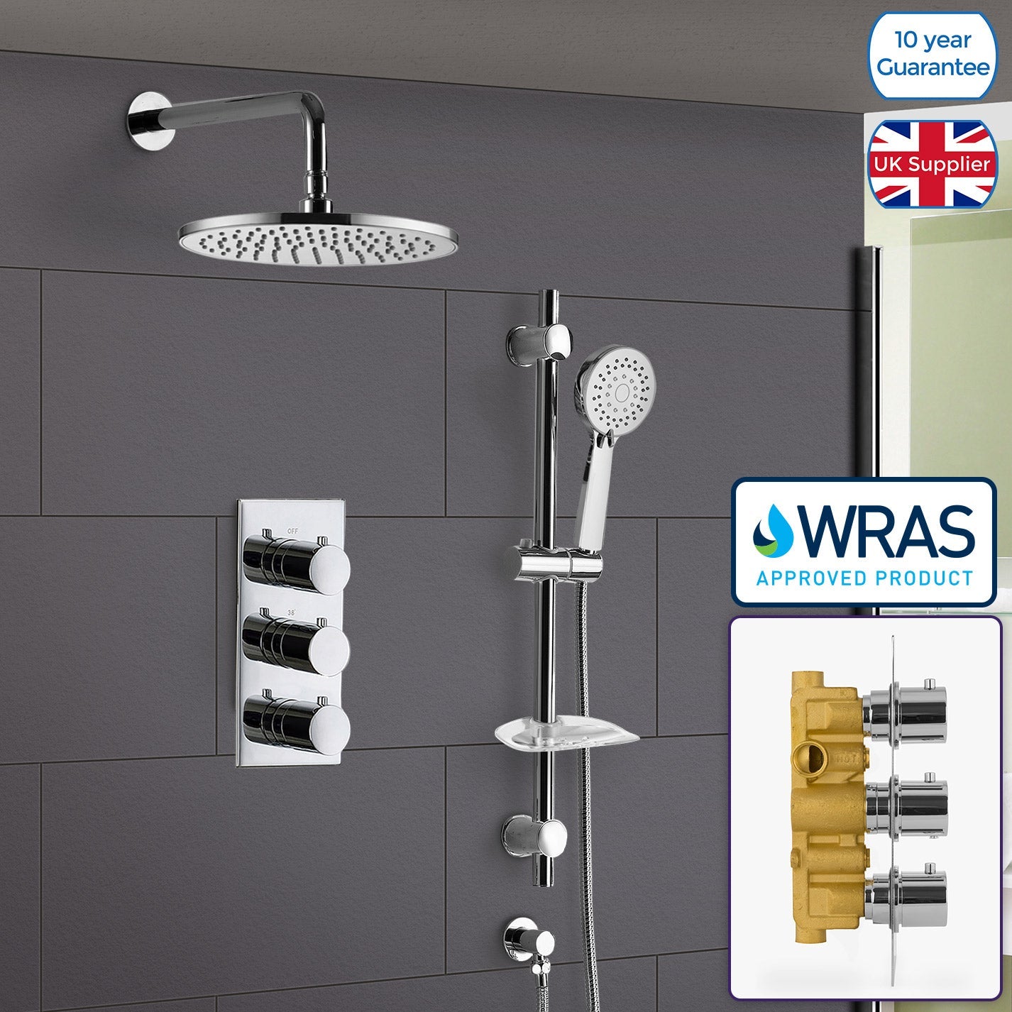 Calla Round 3 Dial 2 Way Bathroom Concealed Thermostatic Shower Mixer Valve Tap