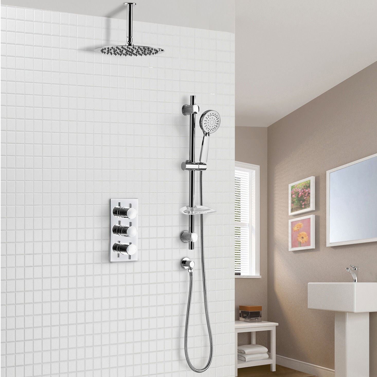 Calla 2 Way Slim Round Ceiling Thermostatic Concealed Bathroom Shower Rail Head