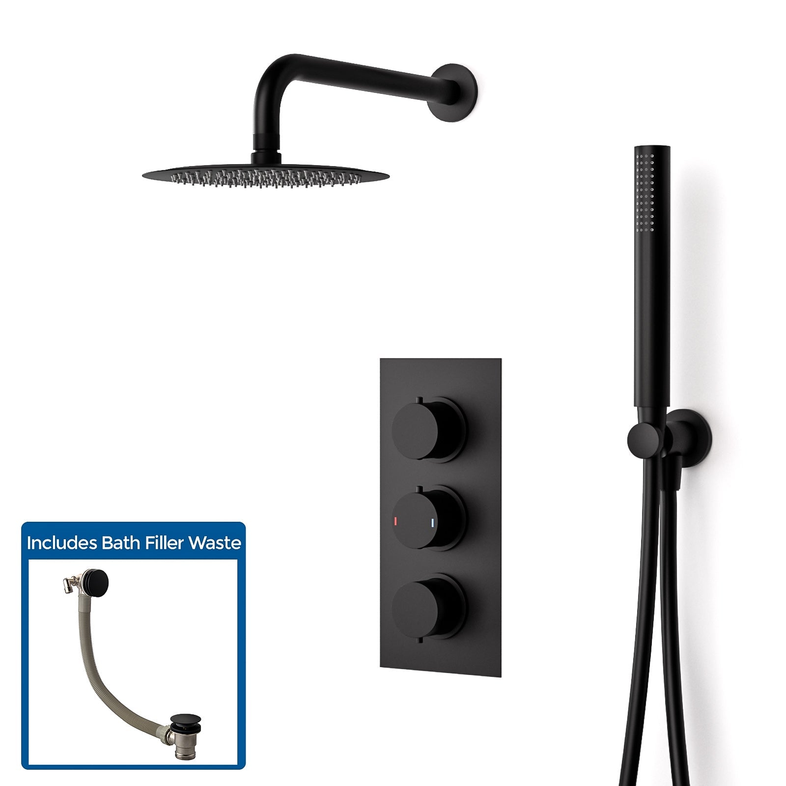 Wilden 3 Dial 3 Way Concealed Thermostatic Shower Mixer, Head & Handset Set Black Matte