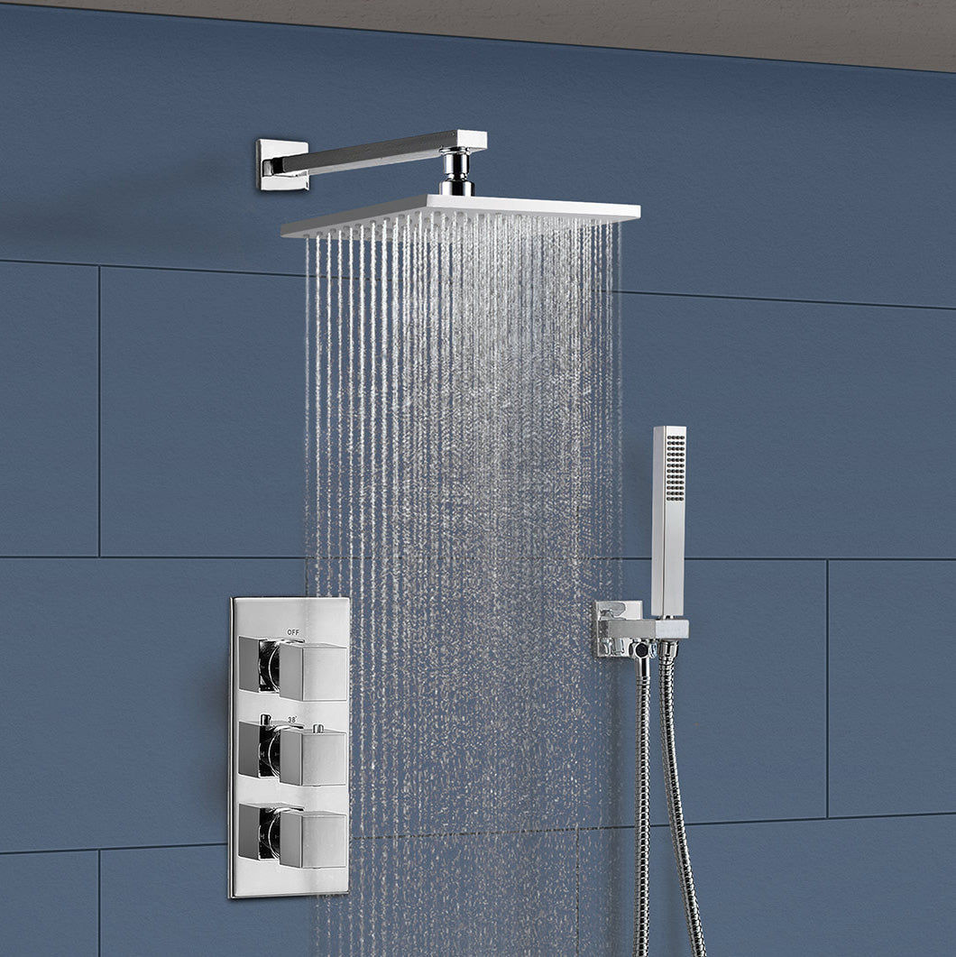 Rose 2 Way Square Concealed Thermostatic Mixer Valve Hand Held Shower Head Chrome