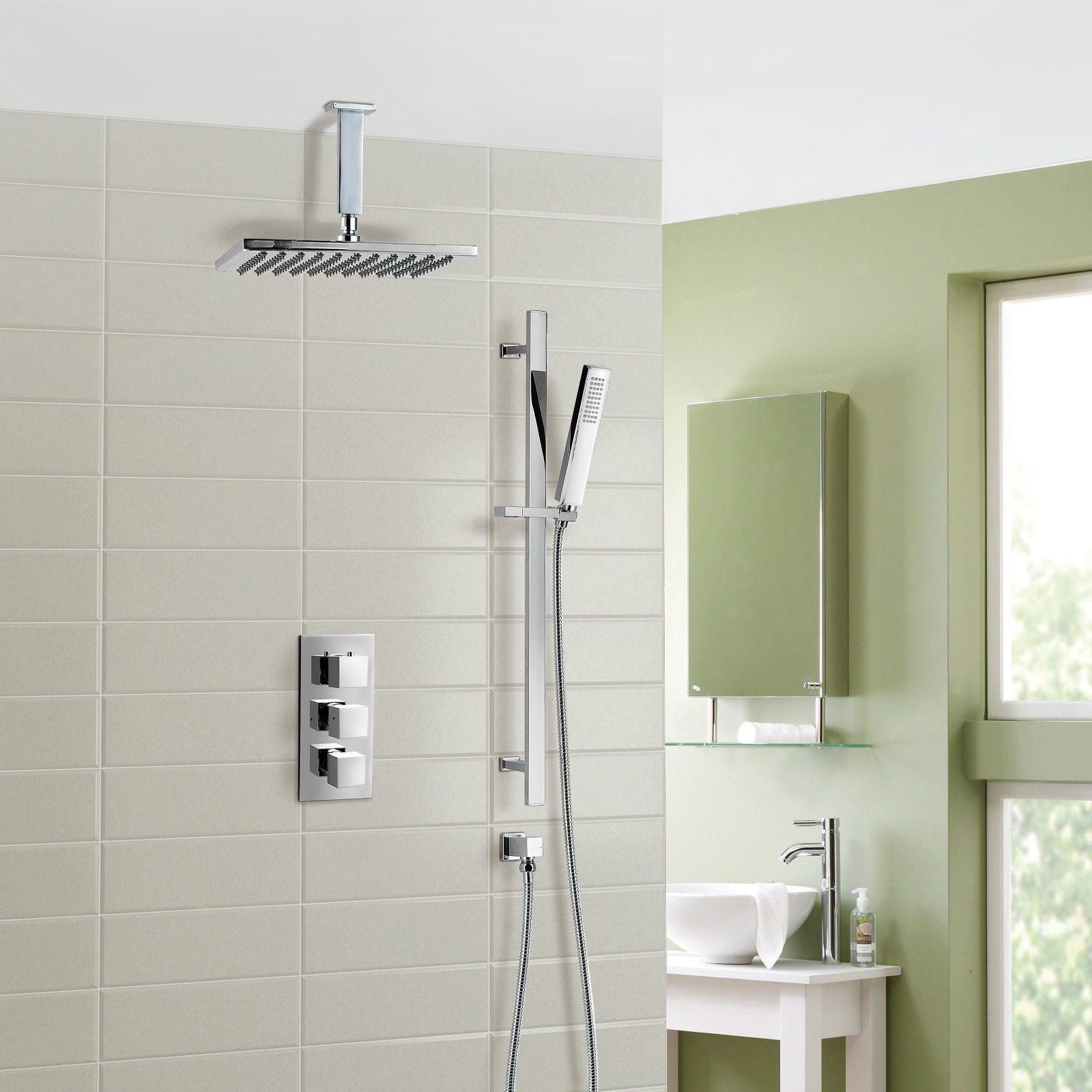 Ceiling Rain Shower Head with Handset And 2-Way Concealed Thermostatic Mixer Valve