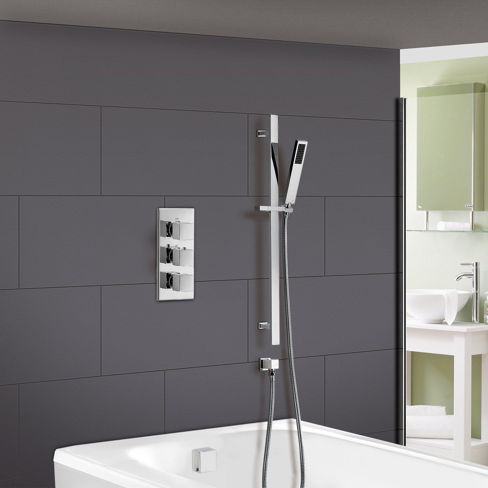 Lilly 3 Dial 2 Way Square Concealed Thermostatic Mixer Valve, Slim Square Handset & Bath Filler Chrome