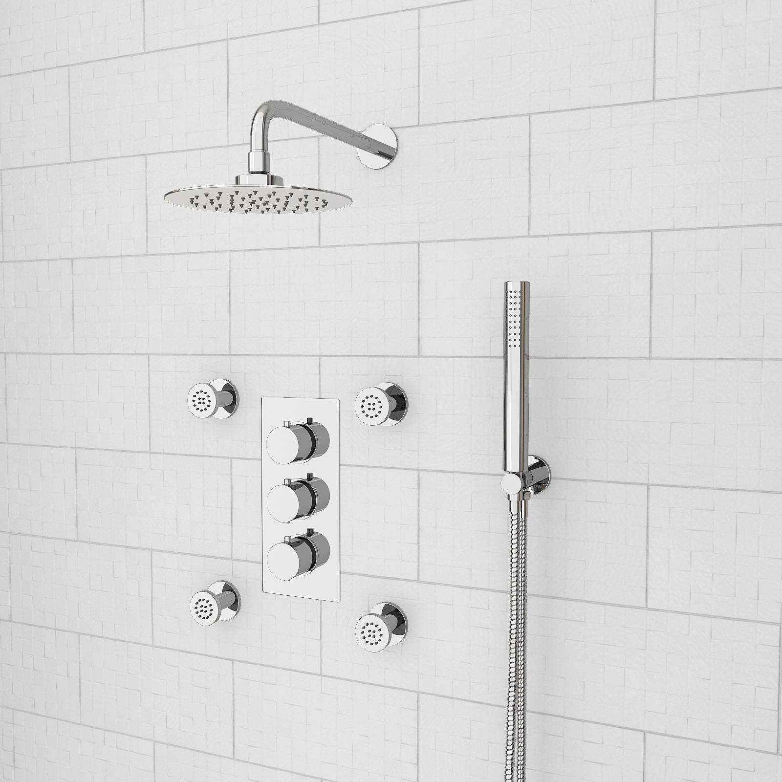 Chrome Round 3 Way Concealed Thermostatic Shower Mixer Valve Shower Head Handset Body Jets Set