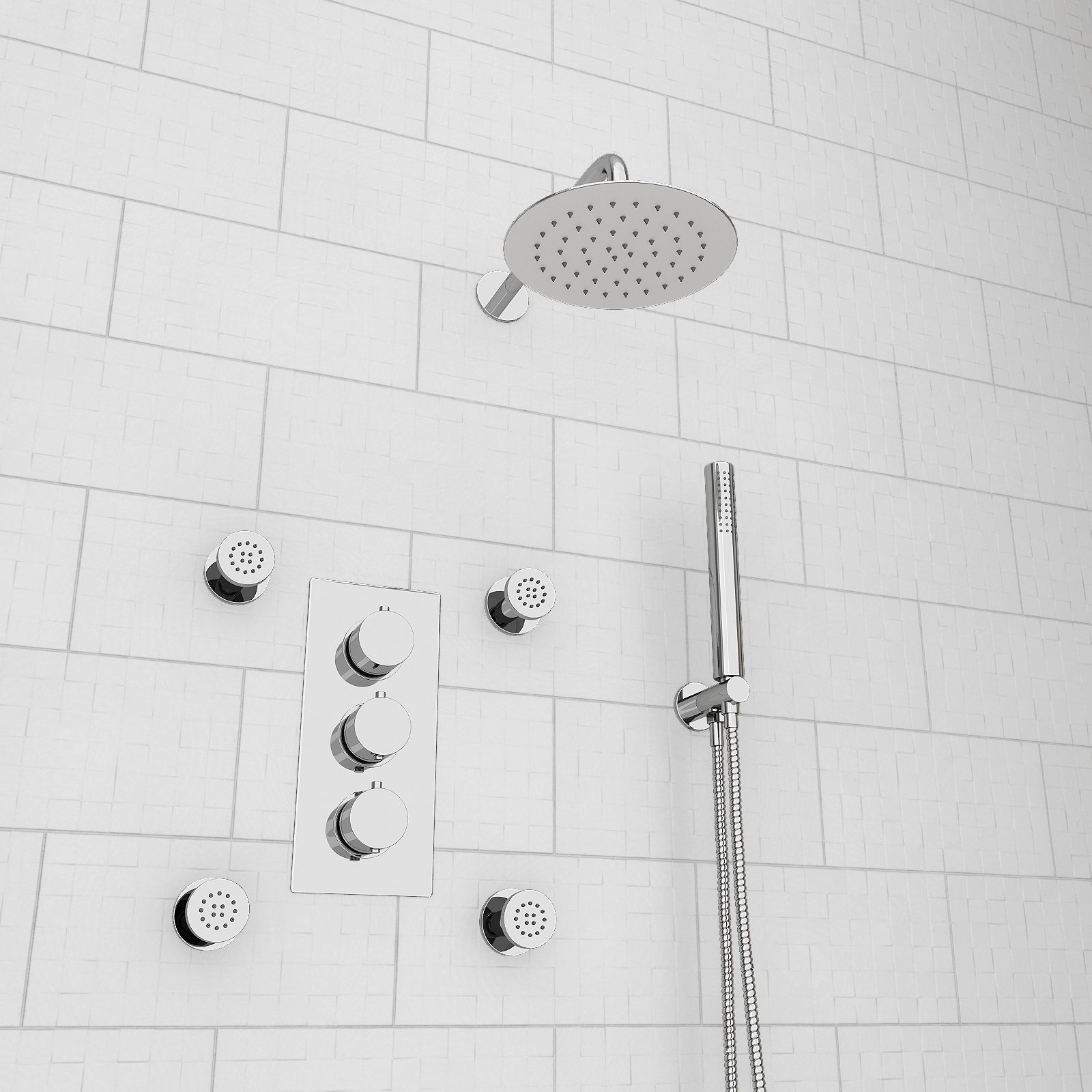Chrome Round 3 Way Concealed Thermostatic Shower Mixer Valve Shower Head Handset Body Jets Set