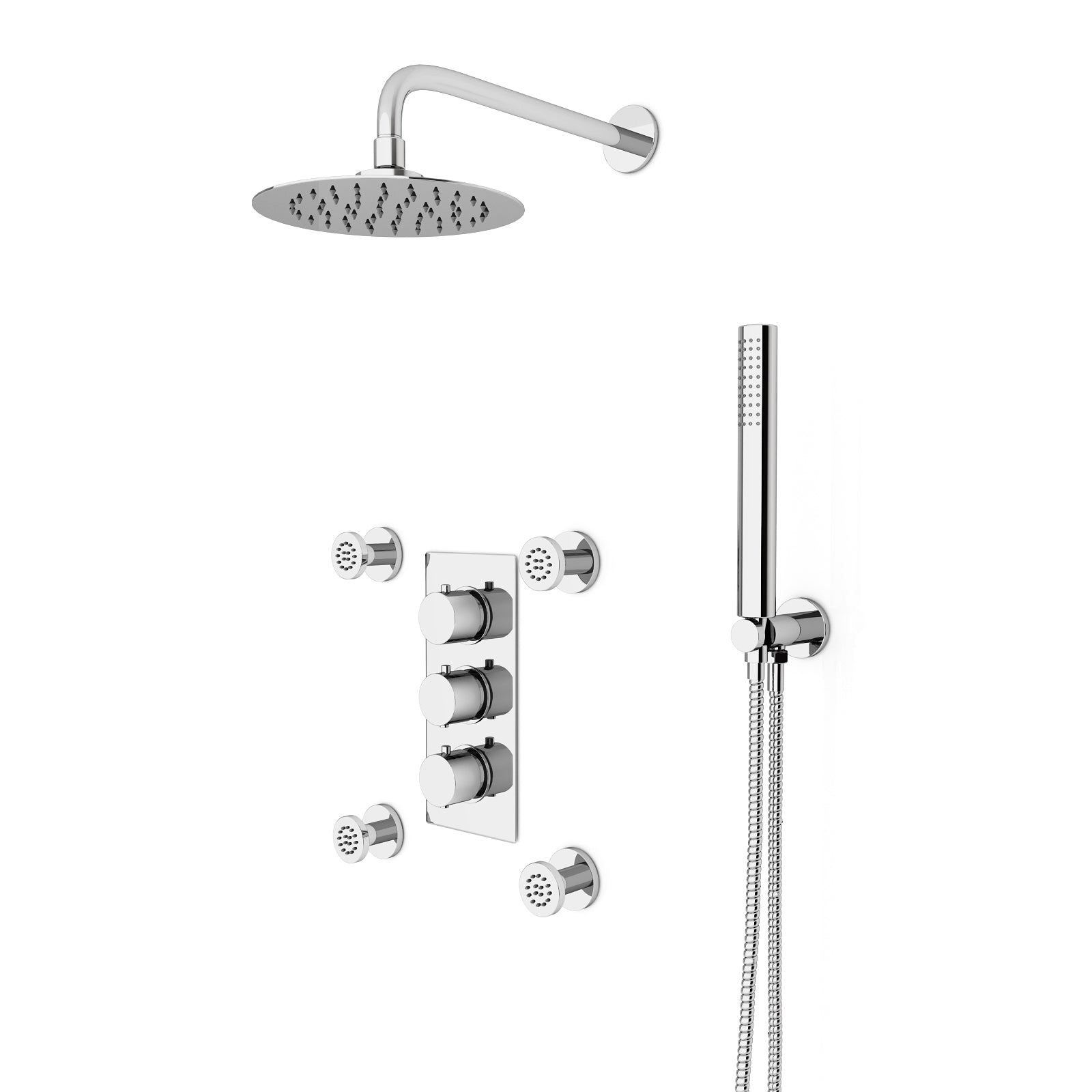Chrome Round 3 Way Concealed Thermostatic Shower Mixer Valve Shower Head Handset Body Jets Set