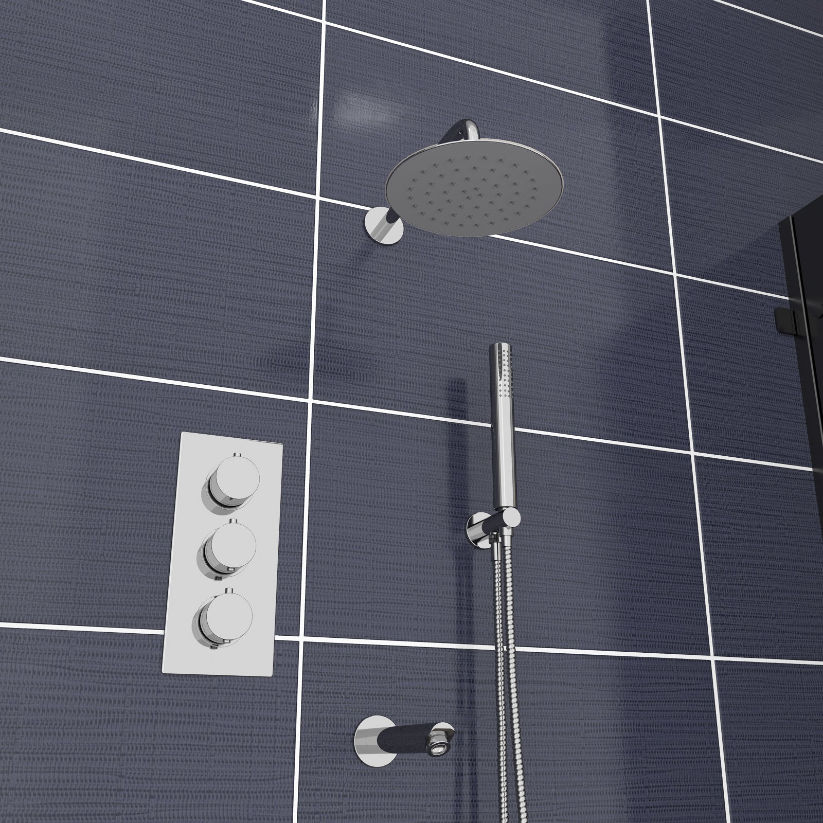 Chrome Round 3 Way Concealed Thermostatic Shower Mixer Valve Shower Head Handset Spout Set