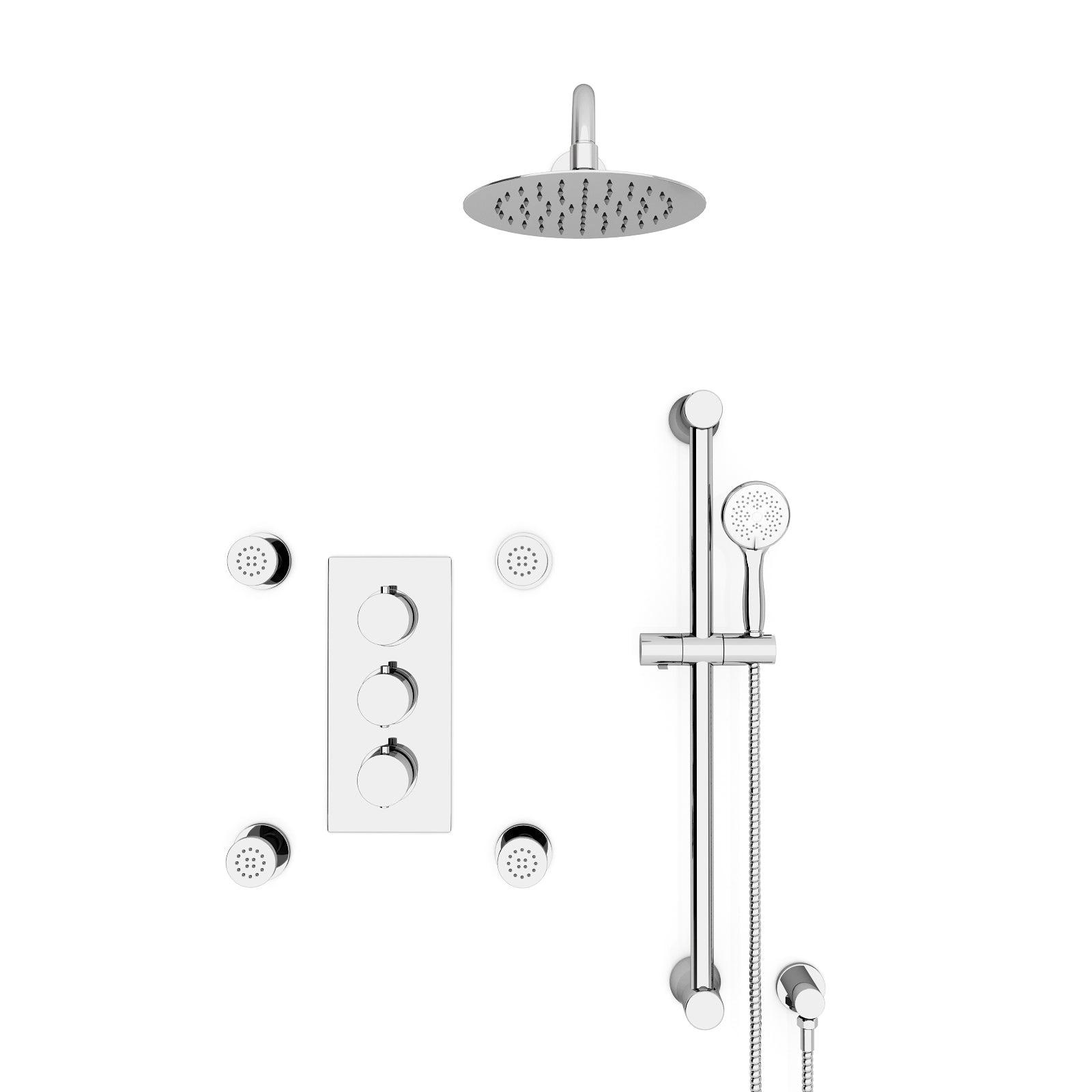 Flora 3 Way Concealed Thermostatic Shower Mixer Valve, Shower Head, Slider Rail kit, Body Jets Set Chrome