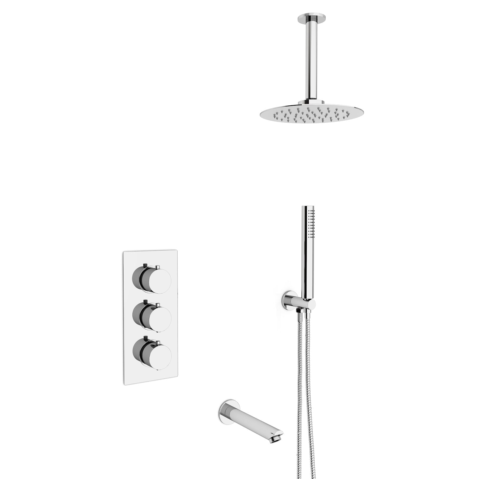 Flora Round 3 Way Concealed Thermostatic Shower Mixer Valve, Shower Head, Arm, Handset, Spout Set Chrome