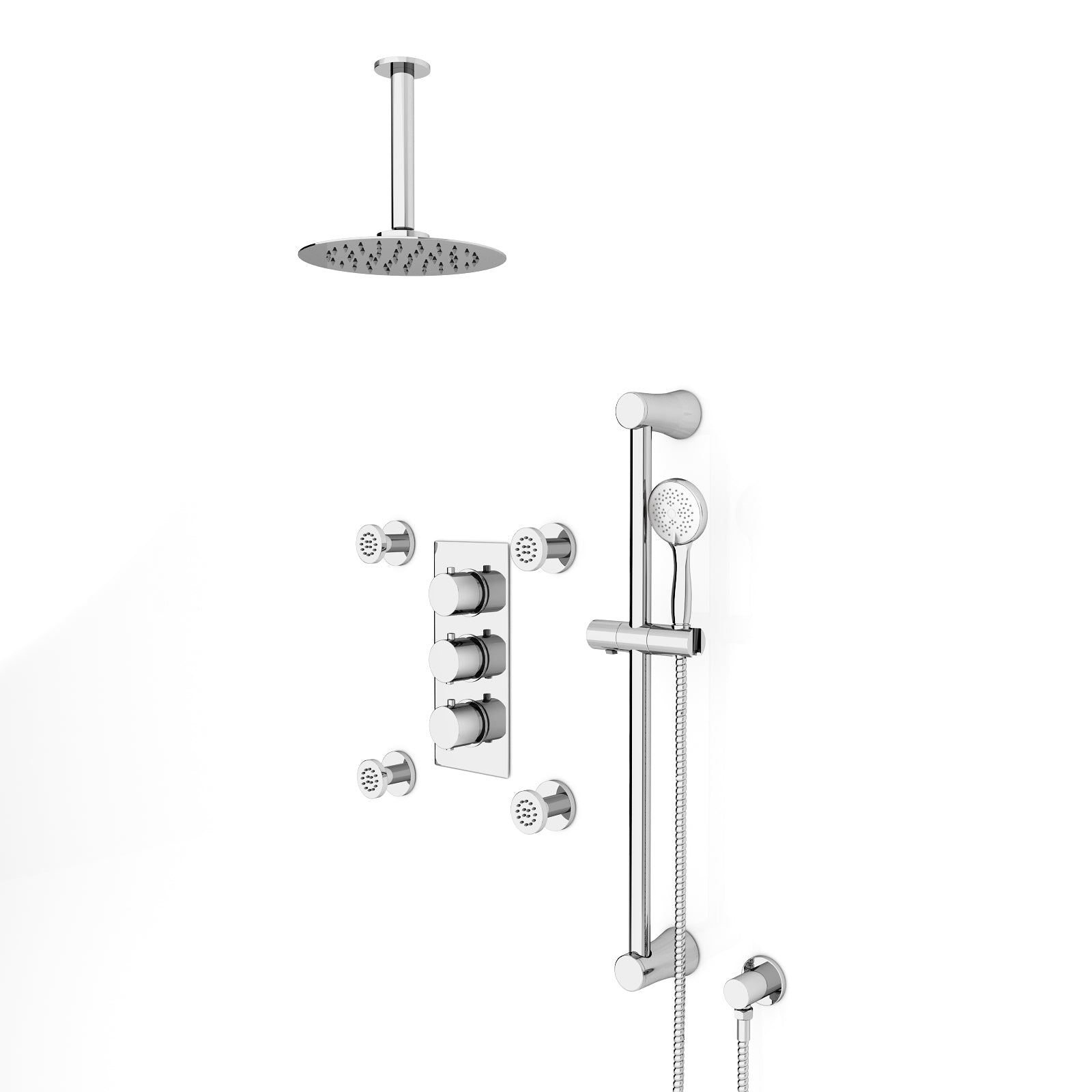 Flora Round 3 Way Concealed Thermostatic Shower Mixer Valve, Shower Head, Body jets, Handset, Rail kit Set Chrome