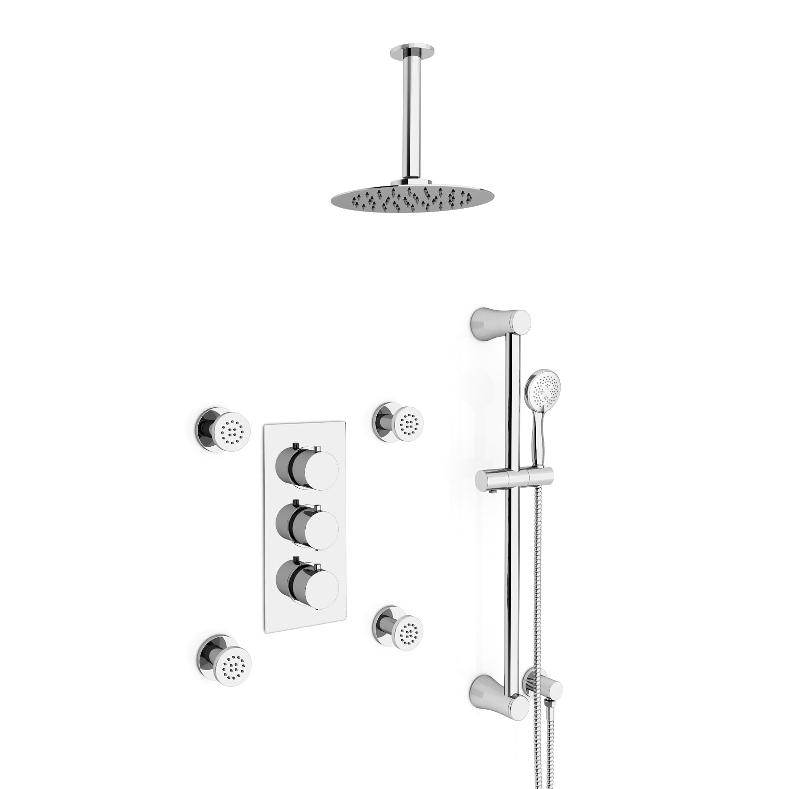 Flora Round 3 Way Concealed Thermostatic Shower Mixer Valve, Shower Head, Body jets, Handset, Rail kit Set Chrome