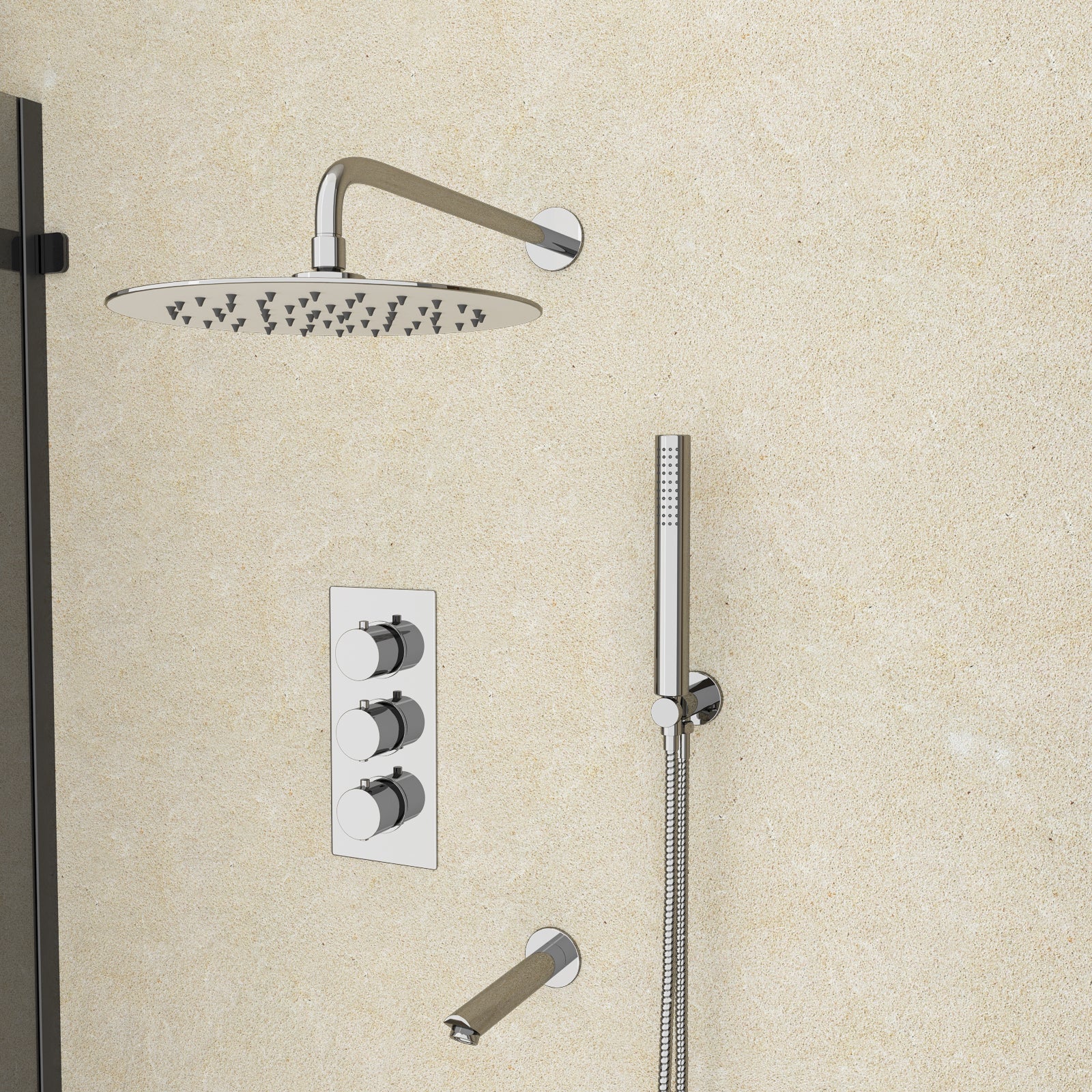 Chrome Round 3 Way Concealed Thermostatic Shower Mixer Valve Shower Head Handset Bath Spout Set