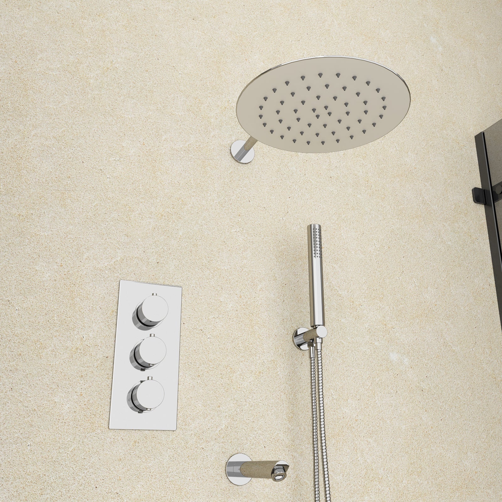 Chrome Round 3 Way Concealed Thermostatic Shower Mixer Valve Shower Head Handset Bath Spout Set