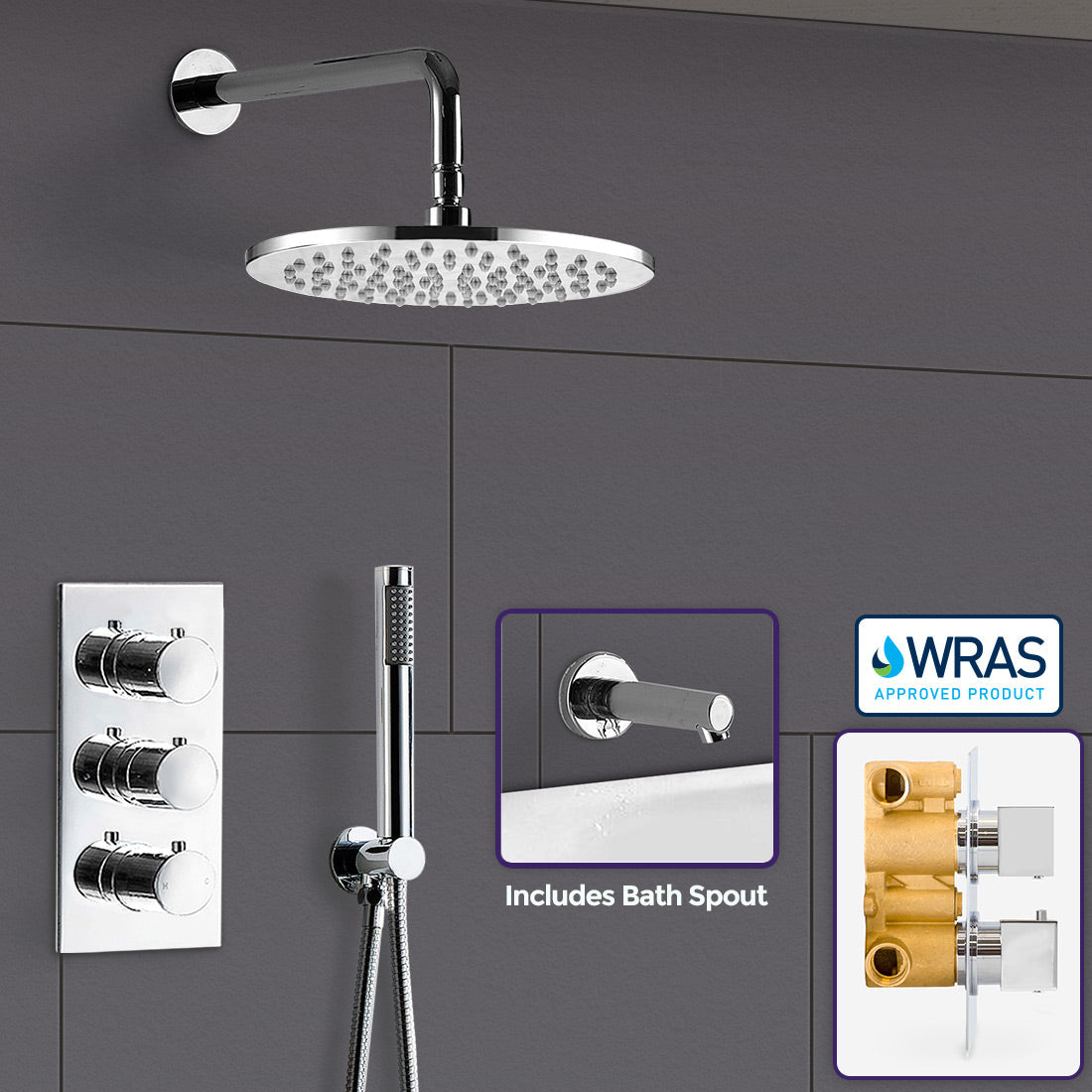 Flora 3 Dial 3 Way Round Set - Shower Head, Handset And Bath Filler Spout