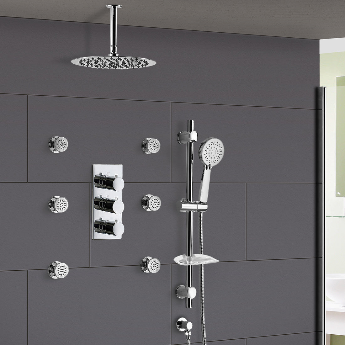 Flora 3 Dial 3 Way Concealed Thermostatic Shower Mixer Slim Twin Head Body Jets