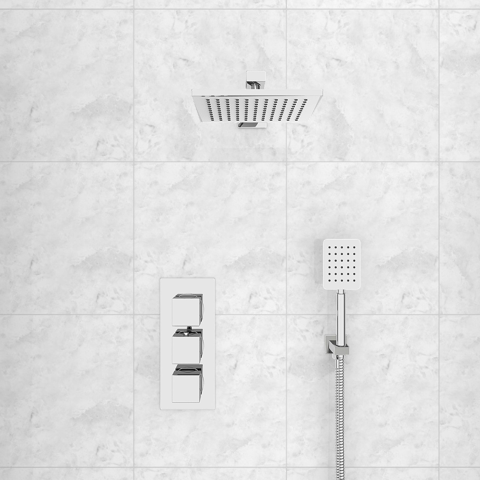 Olive Square 3 Way Concealed Thermostatic Shower Mixer Valve, Shower Head, Handheld, Bath Filler Set Chrome