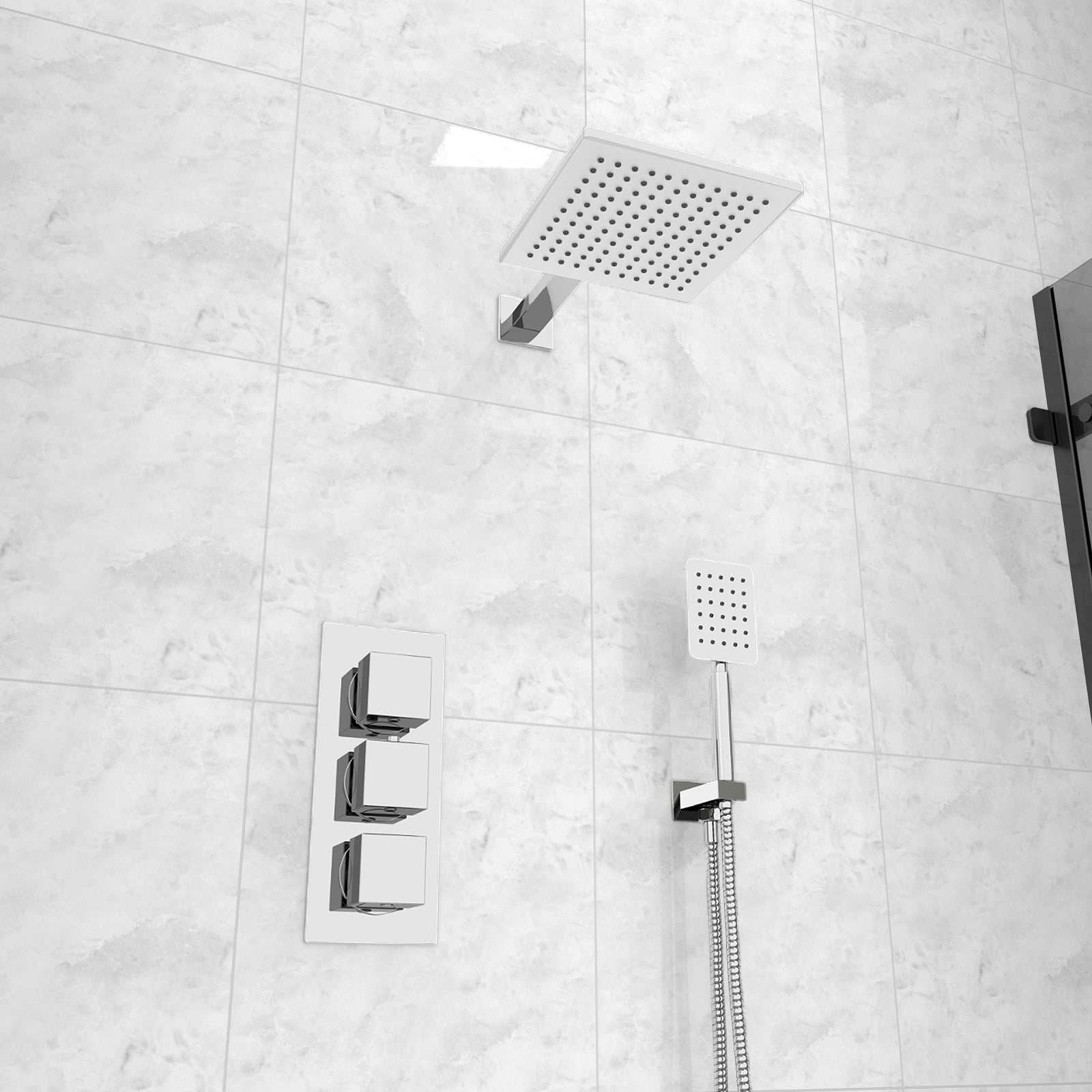 Olive Square 3 Way Concealed Thermostatic Shower Mixer Valve, Shower Head, Handheld, Bath Filler Set Chrome