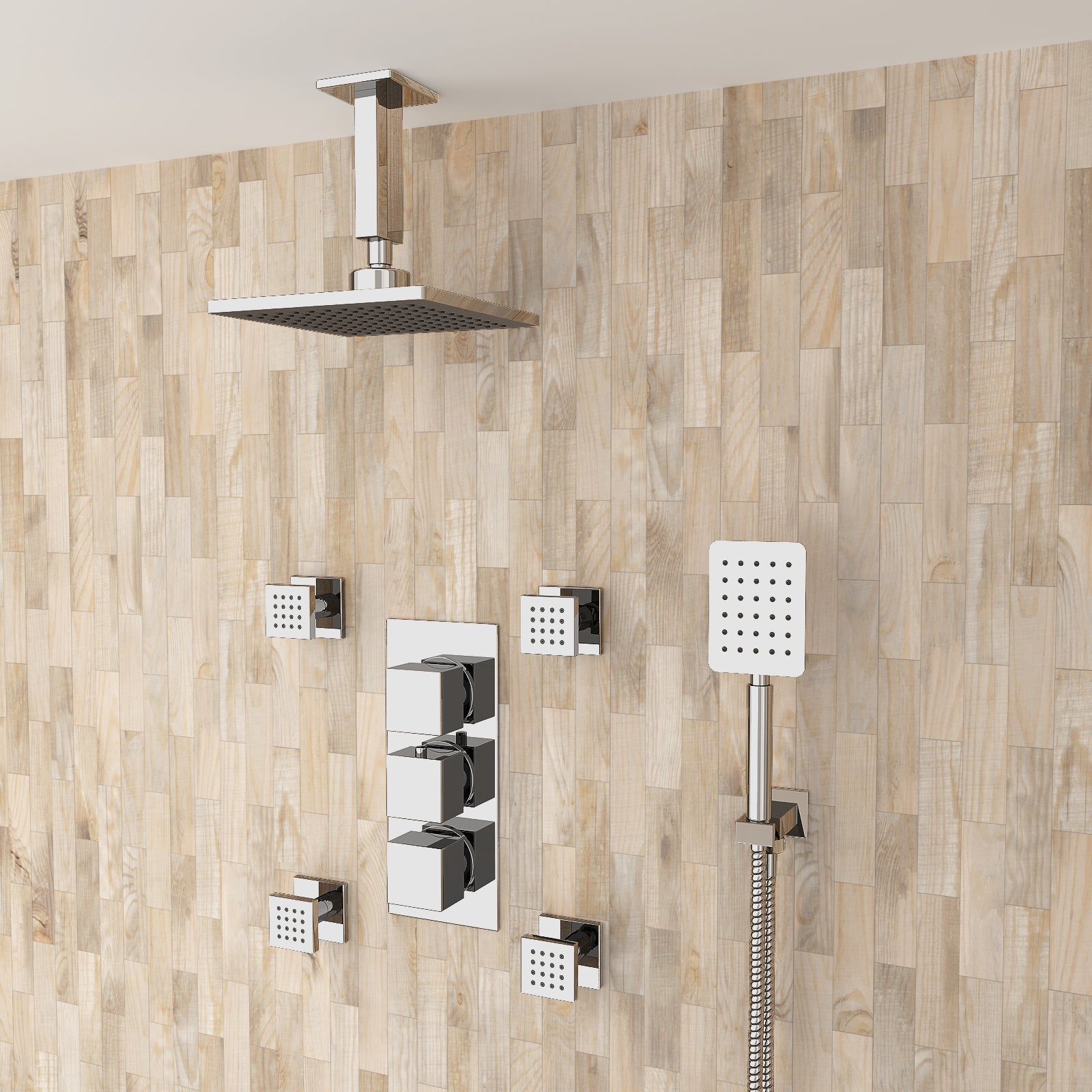 Olive Square 3 Way Concealed Thermostatic Shower Mixer Valve, Ceiling Shower Head, Handset, 4x Body Jets Set Chrome